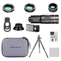 Phone Camera Lens Phone Lens for iPhone Android, 28X Telephoto Lens, 4K HD 0.6X Wide Angle Lens+20X Macro Lens, 198° Fisheye Len